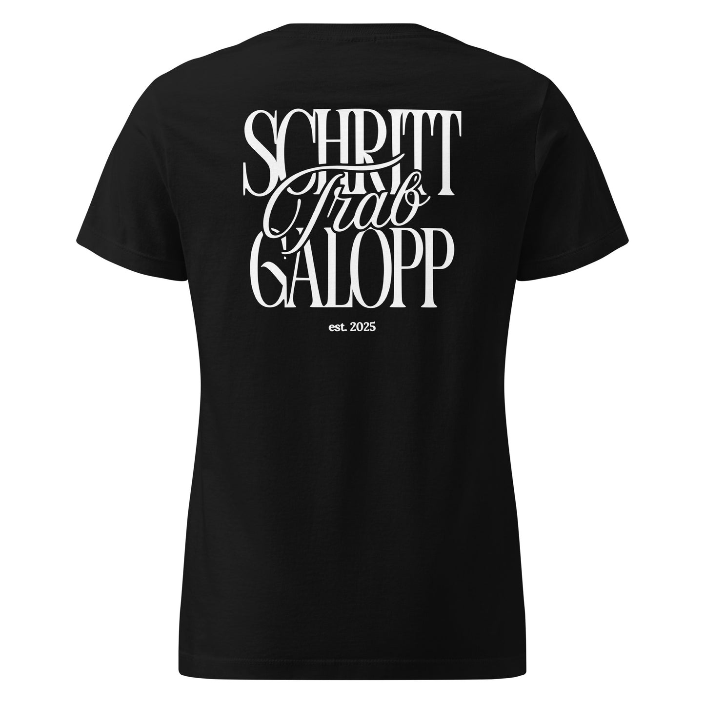 Figurbetontes Pferdeshirt Motiv "Schritt, Trab, Galopp" auf dem Rücken. T-Shirt für Damen, farbe schwarz