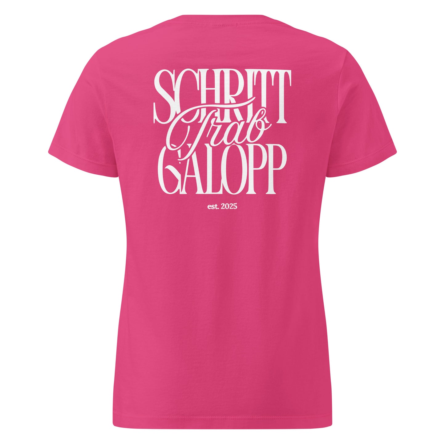 Figurbetontes Pferdeshirt Motiv "Schritt, Trab, Galopp" auf dem Rücken. T-Shirt für Damen, farbe pink