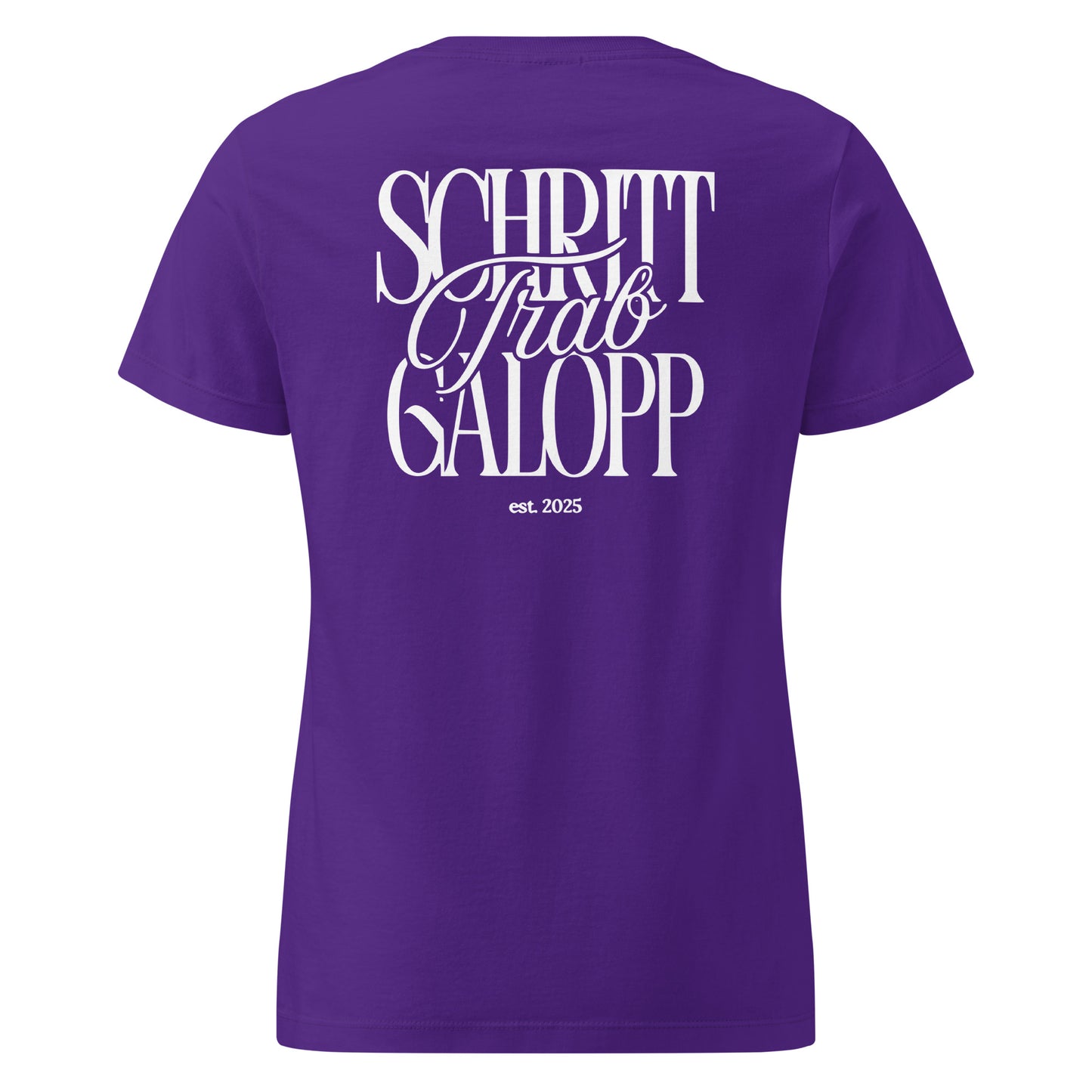 Figurbetontes Pferdeshirt Motiv "Schritt, Trab, Galopp" auf dem Rücken. T-Shirt für Damen, farbe lila