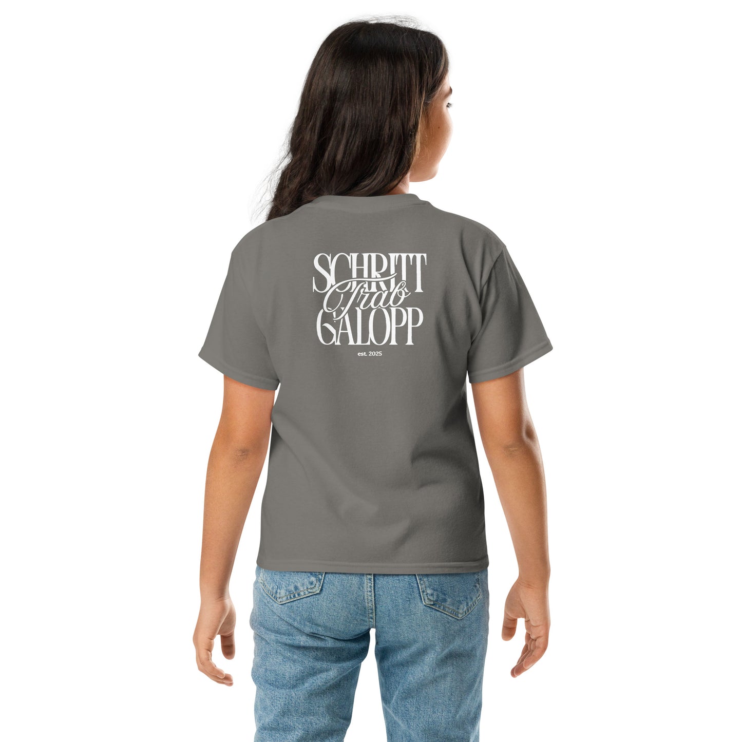 Motiv Shirt für junge Reiterinnen und Reiter, Print auf dem Rücken "Schritt, Trab, Galopp"- super modernes schlichtes Design für Stall oder auch Freizeit geeignet.