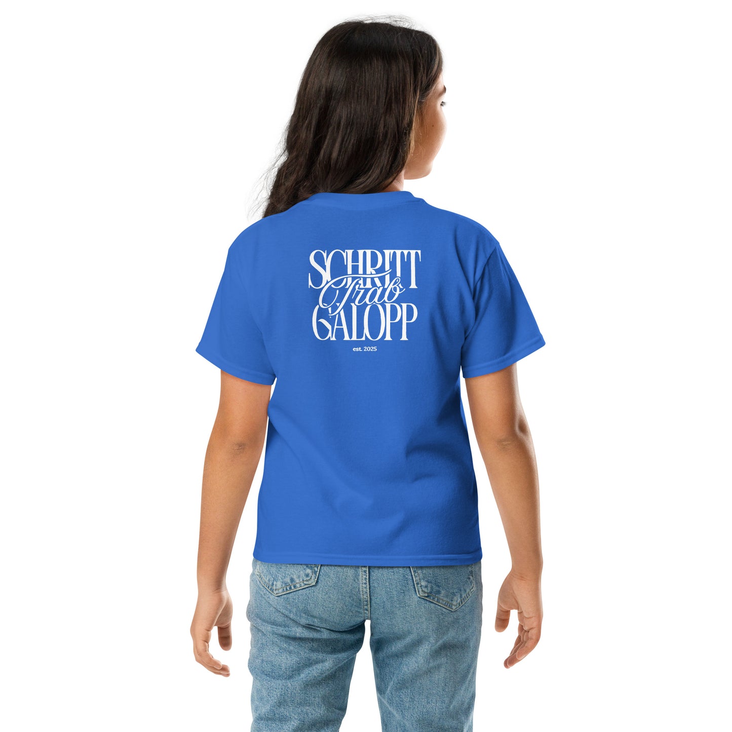Motiv Shirt für junge Reiterinnen und Reiter, Print auf dem Rücken "Schritt, Trab, Galopp"- super modernes schlichtes Design für Stall oder auch Freizeit geeignet.
