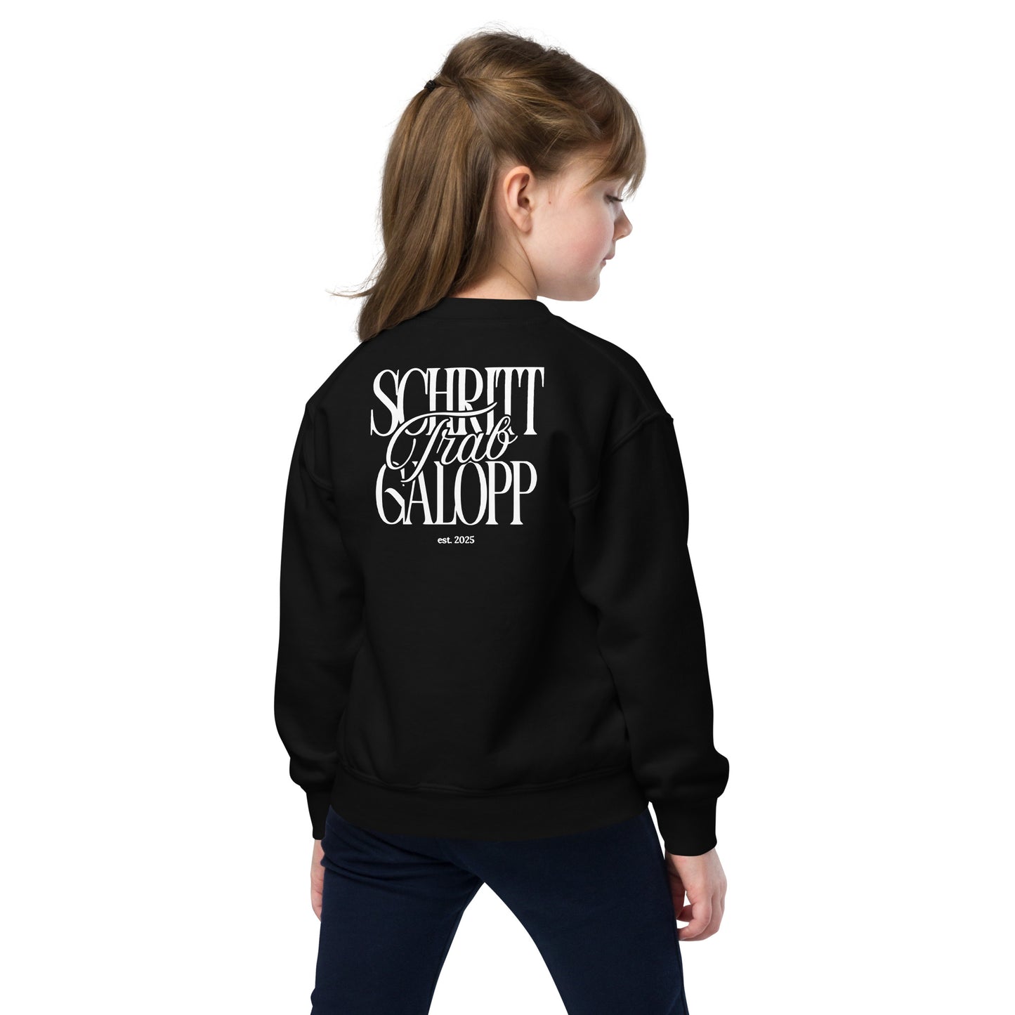 Sweatshirt für junge Reiter-/innen, Teenie Größen. Pferdemotiv "Schritt, Trab, Galopp" auf dem Rücken, cooler und moderner Print.