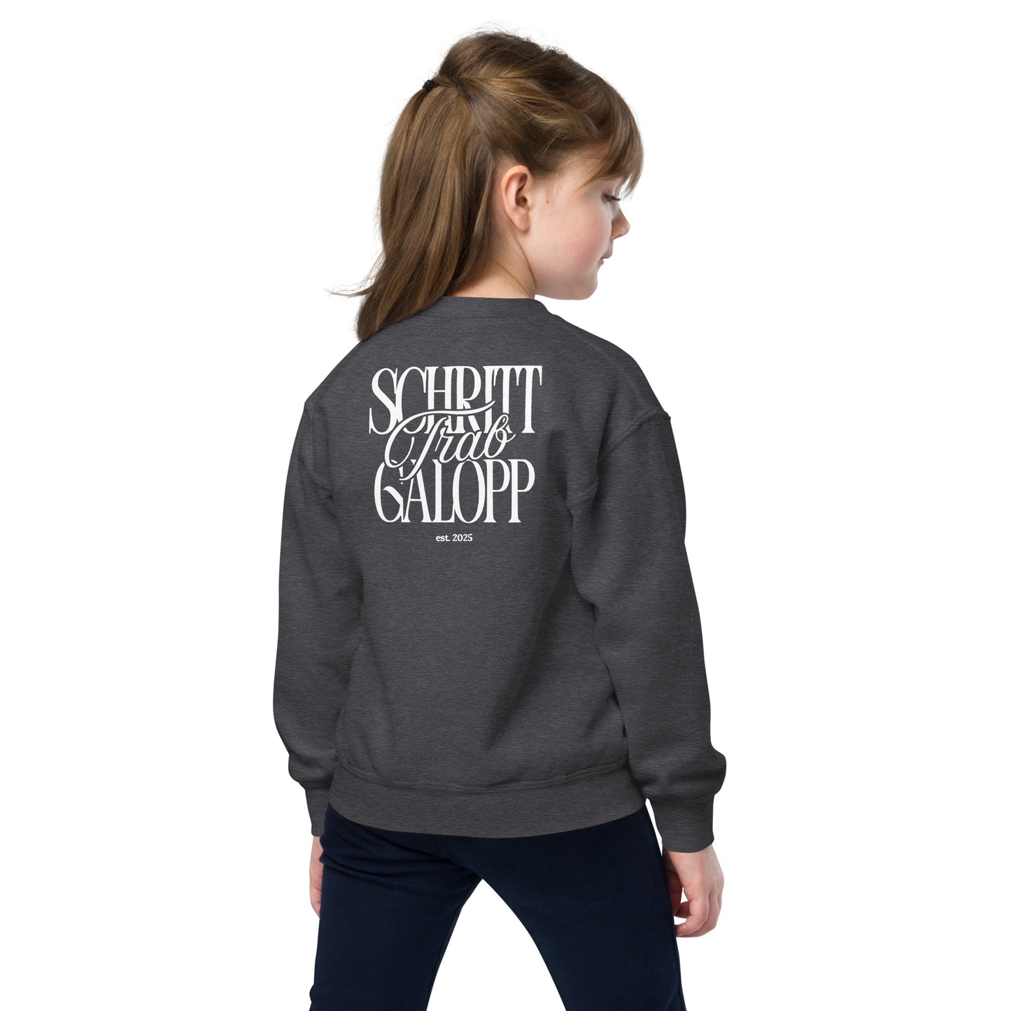 Sweatshirt für junge Reiter-/innen, Teenie Größen. Pferdemotiv "Schritt, Trab, Galopp" auf dem Rücken, cooler und moderner Print.