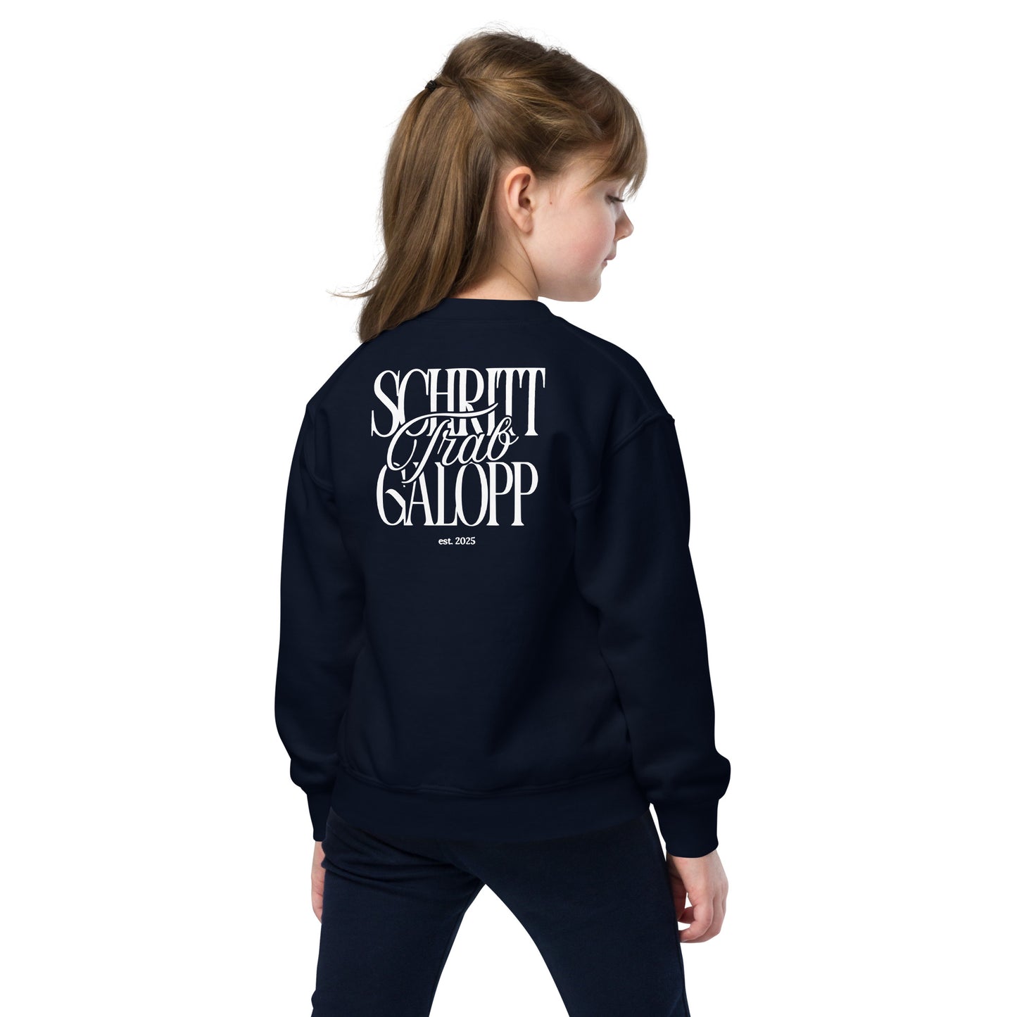 Sweatshirt für junge Reiter-/innen, Teenie Größen. Pferdemotiv "Schritt, Trab, Galopp" auf dem Rücken, cooler und moderner Print.