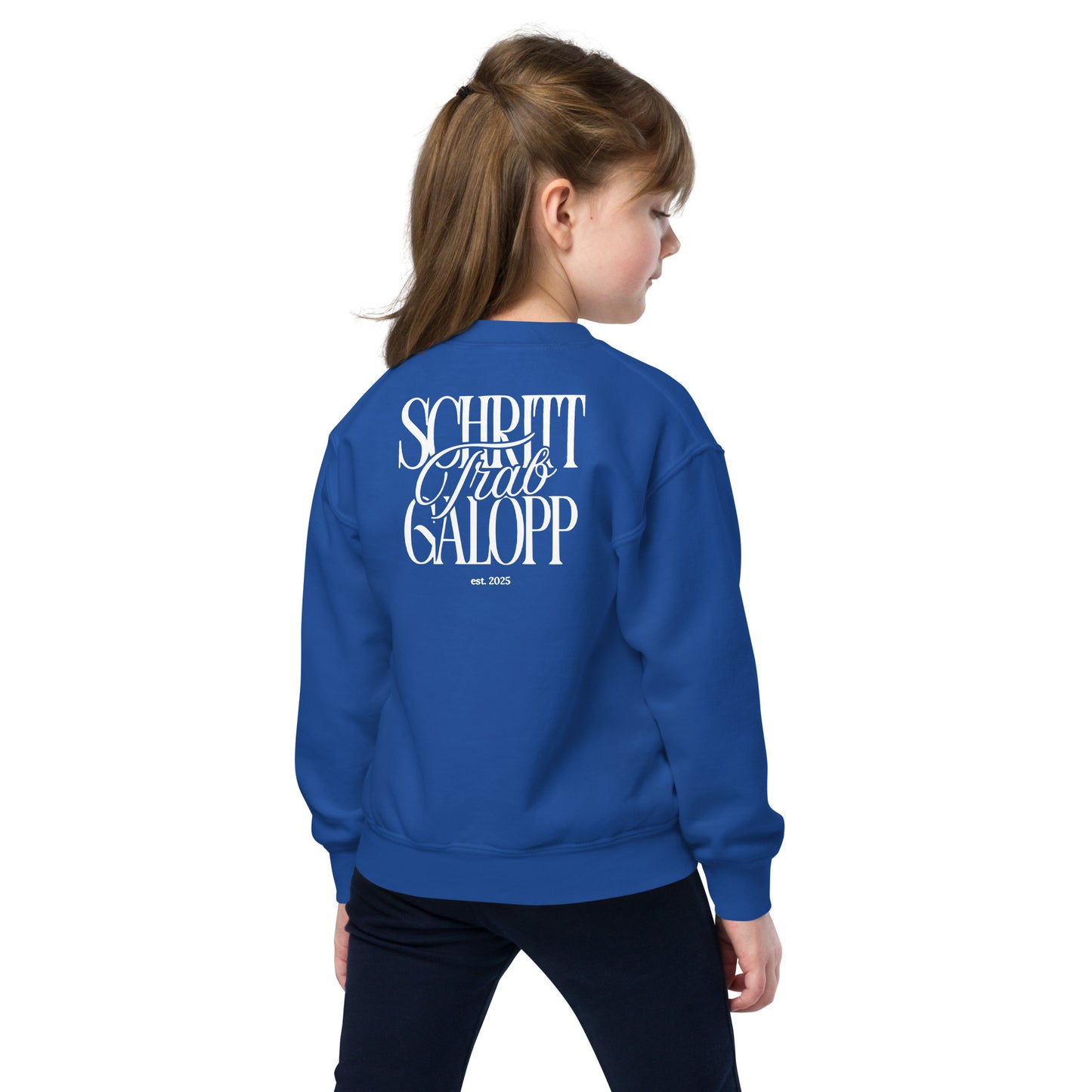 Sweatshirt für junge Reiter-/innen, Teenie Größen. Pferdemotiv "Schritt, Trab, Galopp" auf dem Rücken, cooler und moderner Print.