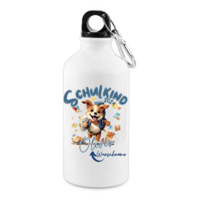 Geschenkidee zur Einschulung, personalisierte Trinkflasche mit süßem Hunde- Motiv.