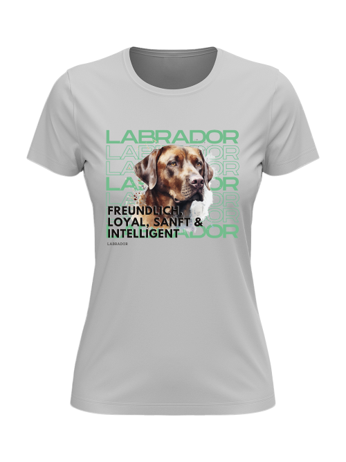 "Damen T-Shirt in hellgrau mit Schokoladen-Labrador-Motiv – liebevoll gestaltetes Design für Hundeliebhaber“
