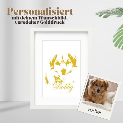 Goldenes Portrait von deinem Hund oder Pferd, personalisiert nach deiner Bildervorlage.