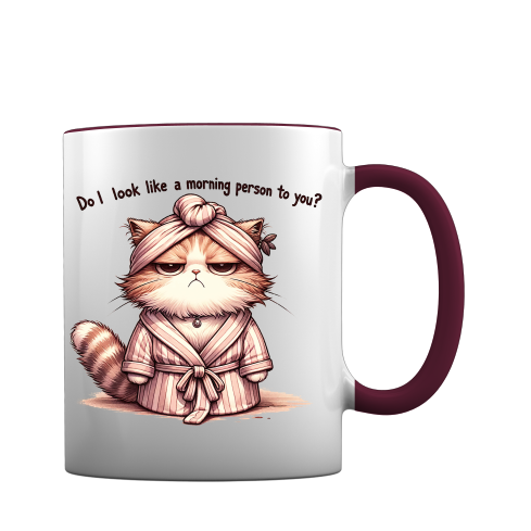 Witzige Tasse für Morgenmuffel, mit Motiv einer Grumpy Cat im Morgenmatel und Aufschrift Do I look like a morning person to you?