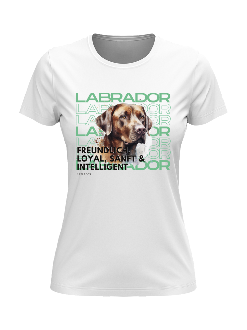 "Damen T-Shirt in weiss mit Schokoladen-Labrador-Motiv – liebevoll gestaltetes Design für Hundeliebhaber“