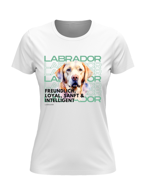 „Weißes Damen T-Shirt mit Goldenem Labrador-Motiv – stilvolles Statement für echte Hundemenschen“