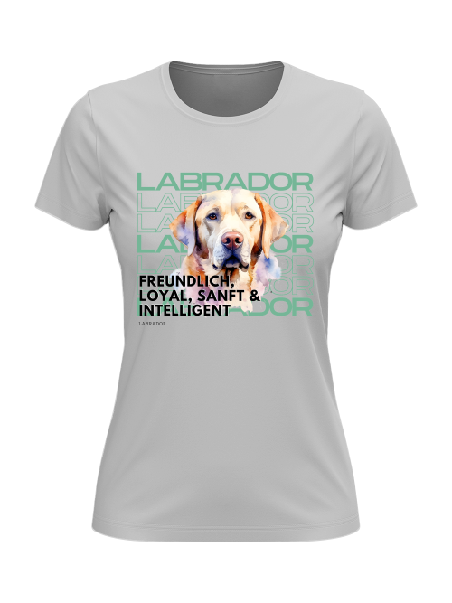 „Hellgraues Damen T-Shirt mit Goldenem Labrador-Aufdruck – ideales Geschenk für Labrador-Fans“