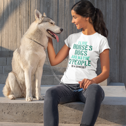 Damen T-Shirt Hunde, Hundeshirt für Frauen mit dem schicken Print I like horses dog and maybe 3 people