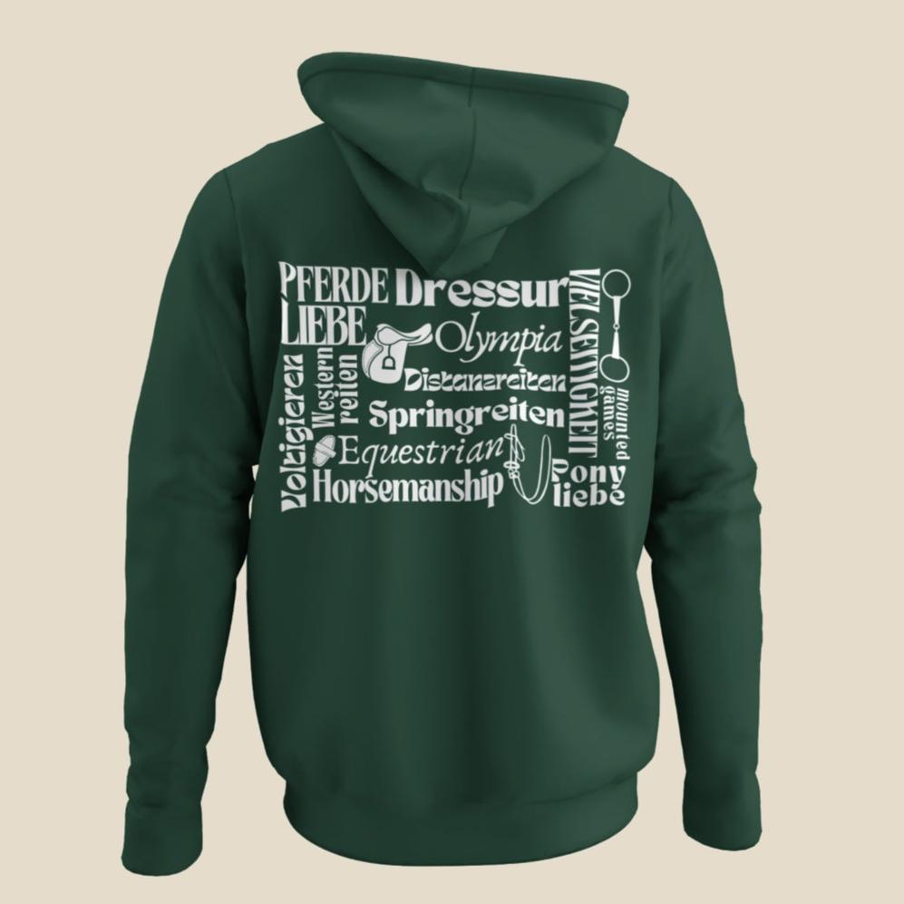 Hoodie für Reiter/innen im Vintage-Design – vereint Westernreiten, Dressur, Springreiten und die gemeinsame Liebe zu Pferden. 