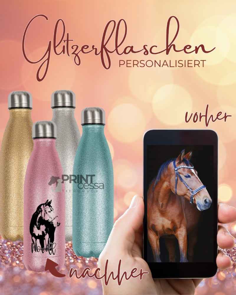 Glitzer Trinkflasche personalisiert nach Bildvorlage "Pferde/Hunde"