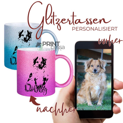Personalisierte Glitzertasse "Pink" nach deiner Bildvorlage. Dein Haustier als Motiv für eine besonders schöne Erinnerung.