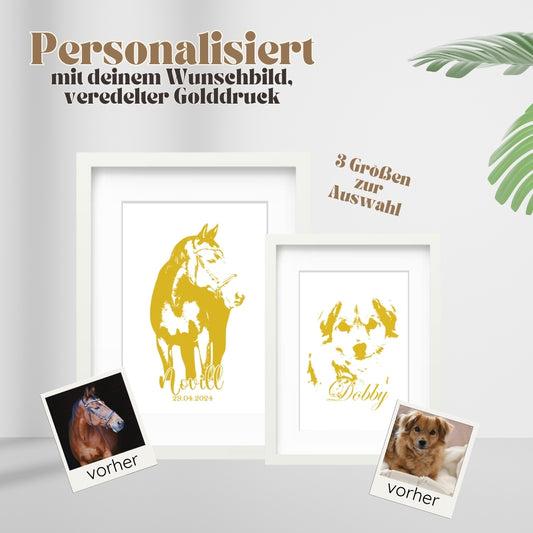 Tierdruck, Golddruck von deinem Tier, personalisiertes Gold-Portrait als perfekte Geschenkidee.