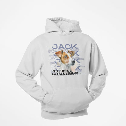 Jack Russel Terrier Motiv auf Hoodies, Rasseportrait der Hunderasse mit den besten Charakter Eigenschaften.