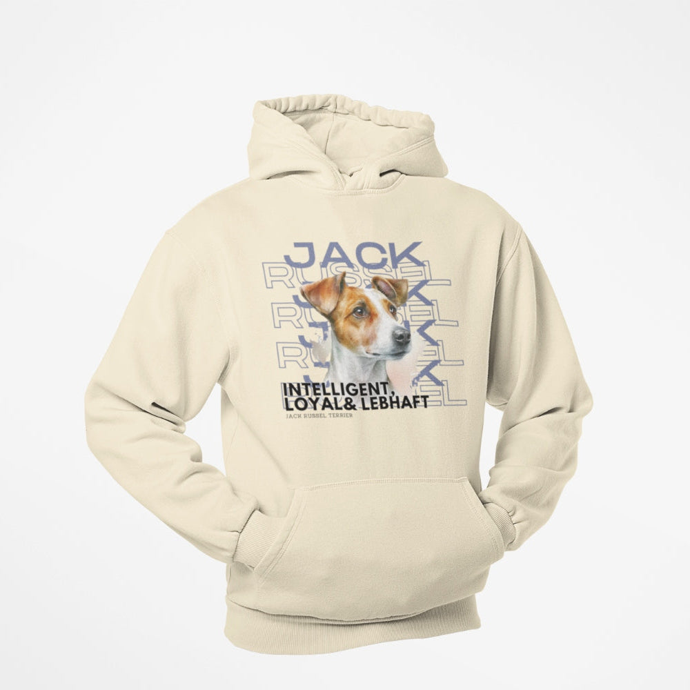 Jack Russel Terrier Motiv auf Hoodies, Rasseportrait der Hunderasse mit den besten Charakter Eigenschaften.