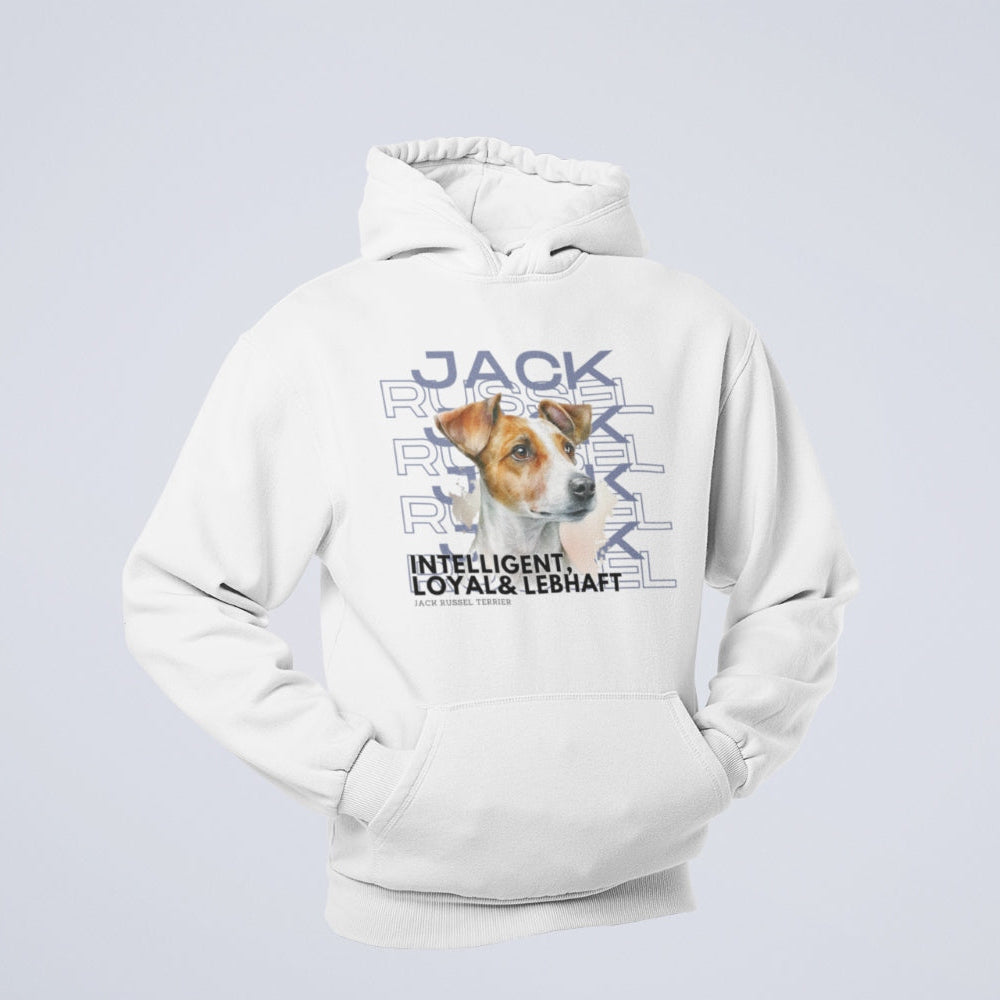 Jack Russel Terrier Motiv auf Hoodies, Rasseportrait der Hunderasse mit den besten Charakter Eigenschaften.