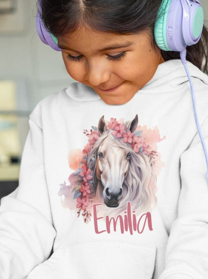 Pferdehoodie/Pferdeshirt für Mädchen, personalisiertes Pferdemotiv. Kinderpullover-Pferd,Reiterin, Reiten, Pferdepullover Mädchen