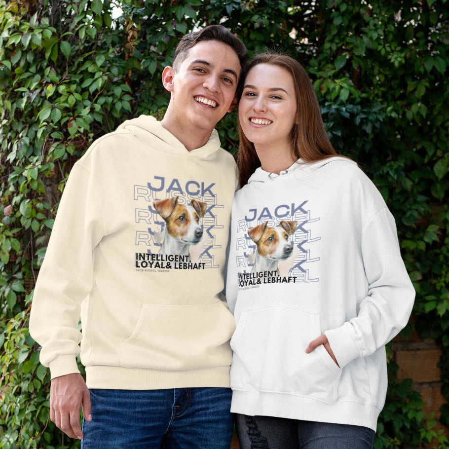 Jack Russel Terrier Motiv auf Hoodies, Rasseportrait der Hunderasse mit den besten Charakter Eigenschaften.