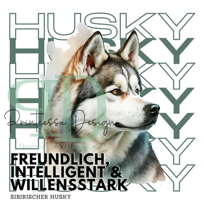 Aquarell Motiv Husky, der Sibirische Husky im Rasseportrait auf Keramiktasse.