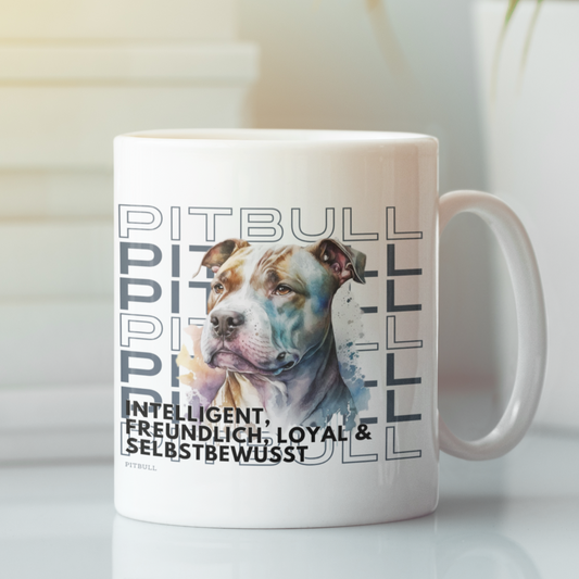 Tasse für Pitbull liebhaber, Pitbull Besitzer, Motiv Rasseportrait Pitbull und ihre besten Charaktereigenschaften