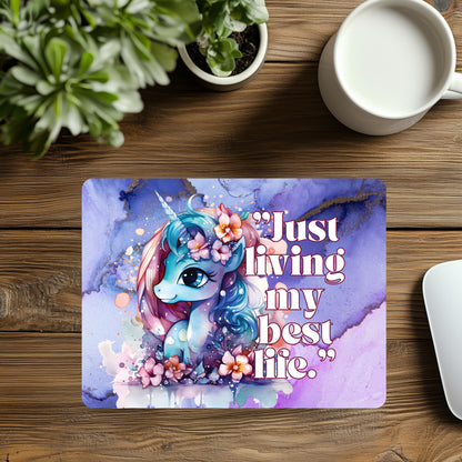 stylisches Mousepad mit super süßem Einhorndesign und motivierendem Spruch just living my best life