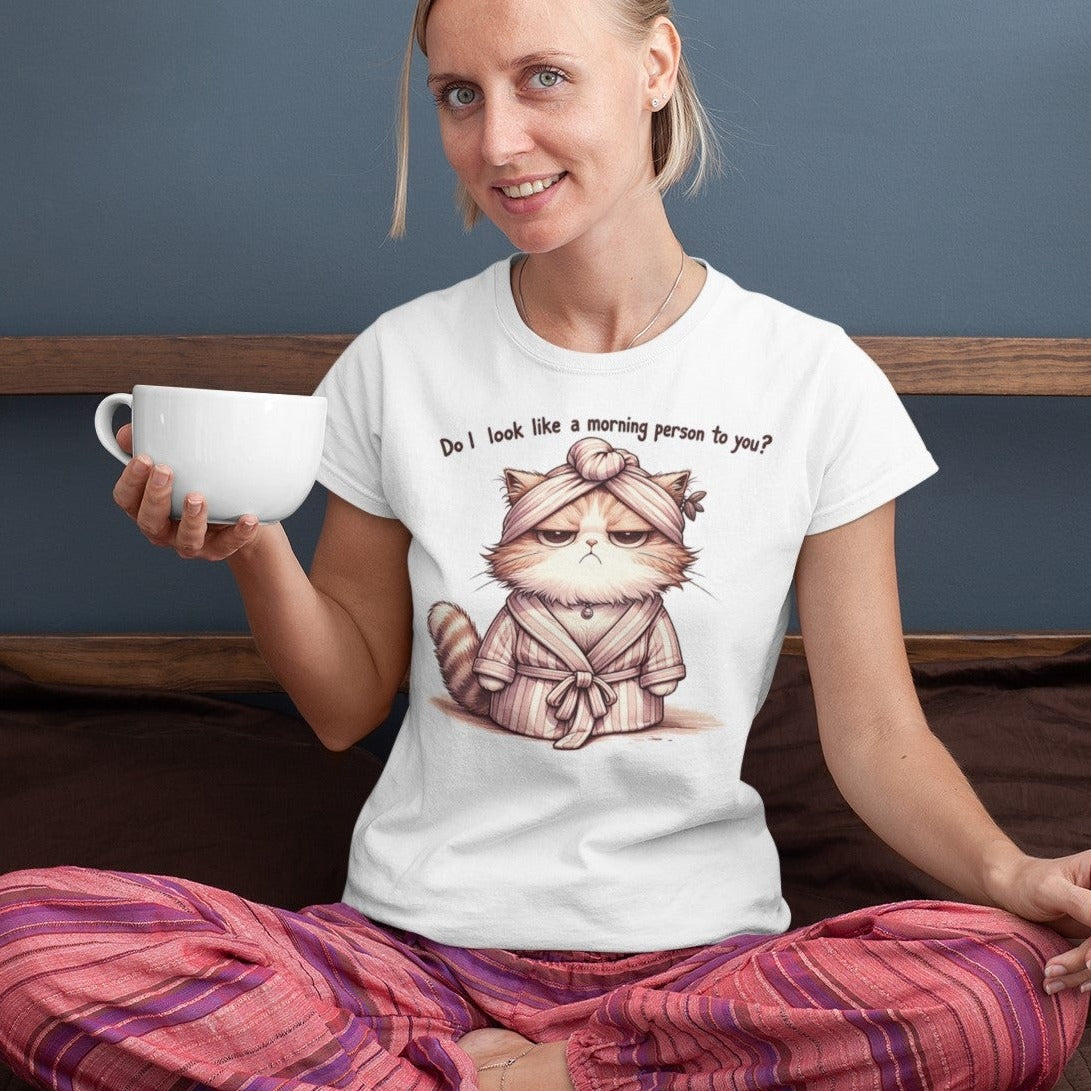 Damen T-Shirt für echte Morgenmuffel. Motiv einer grummligen Katze im Bademantel mit Schrifzug Do I look like a morning person to you?