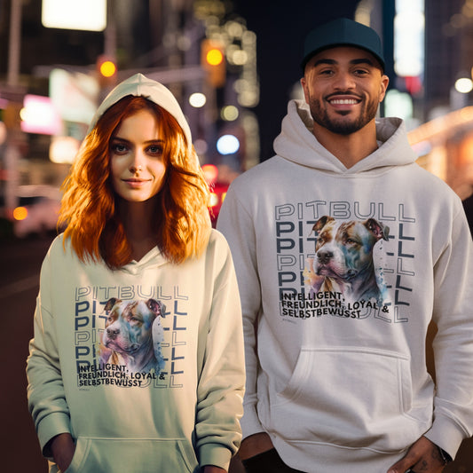 Pitbull Motiv Hoodie für Frauen und Männer in Unisex. Der Pitbull im Rasseportrait, die besten Eigenschaften dieser tollen Hunderasse in einem modernen und schicken Design dargestellt.