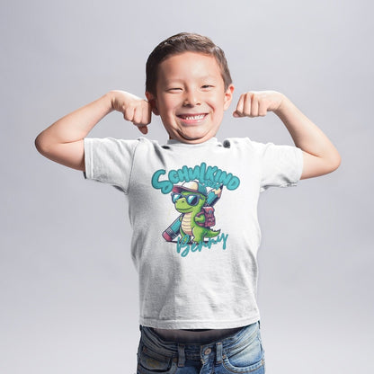 Kindershirt für Schulkinder zum Schulstart, personalisiert mit Wunschnamen, Dino-Motiv