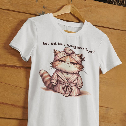 Unisex T-Shirt für richtige Morgenmuffel, Print Do I look like a morning person to you und einer grumpy cat im Bademantel