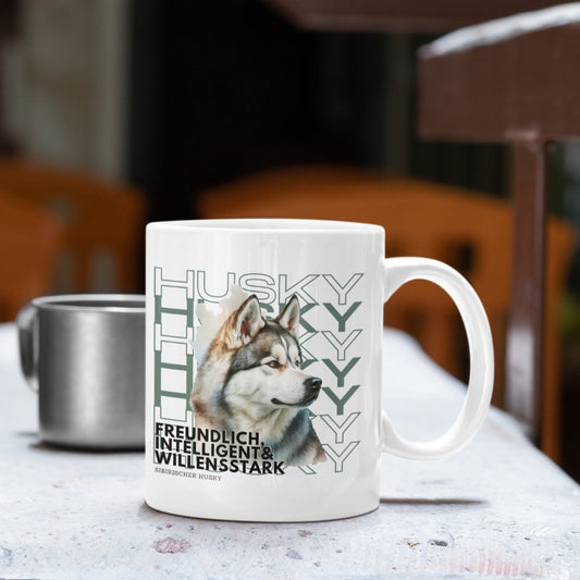 Keramiktasse, Motivtasse Husky im Rasseportrait. Unsere Kollektion zeigt die besten Charakter Eigenschaften der Hunderassen mit einem tollen stilvollen Motiv