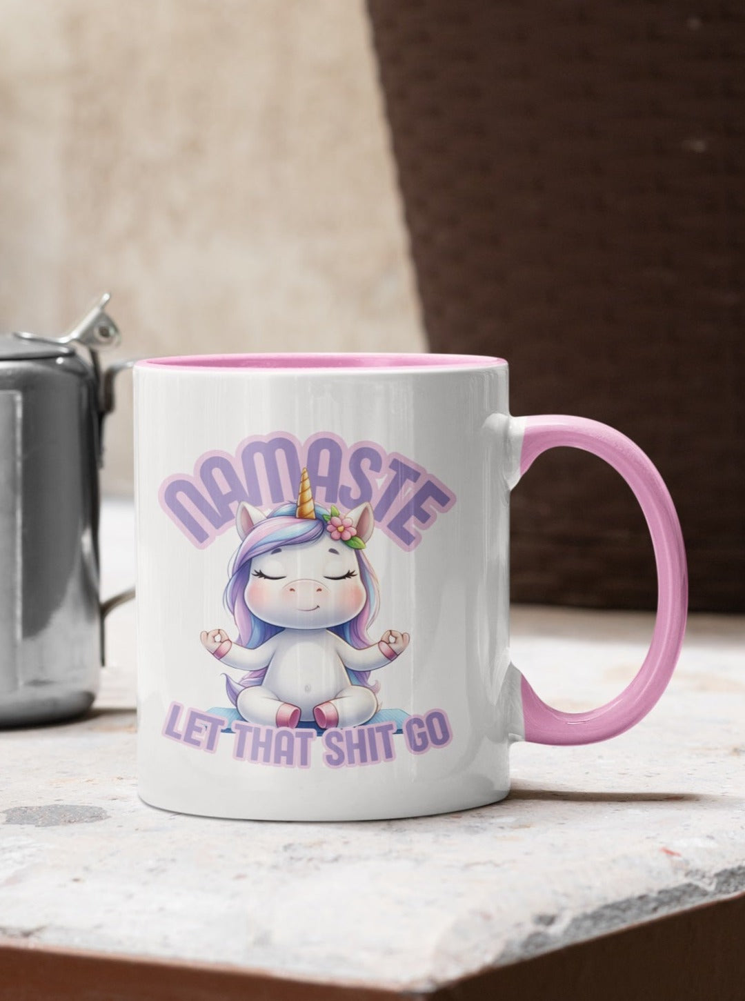 Einhorn Tasse für Erwachsene, Geschenke für Frauen, Motiv Namaste-let that shit go