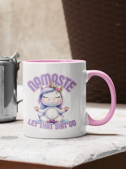 Einhorn Tasse für Erwachsene, Geschenke für Frauen, Motiv Namaste-let that shit go