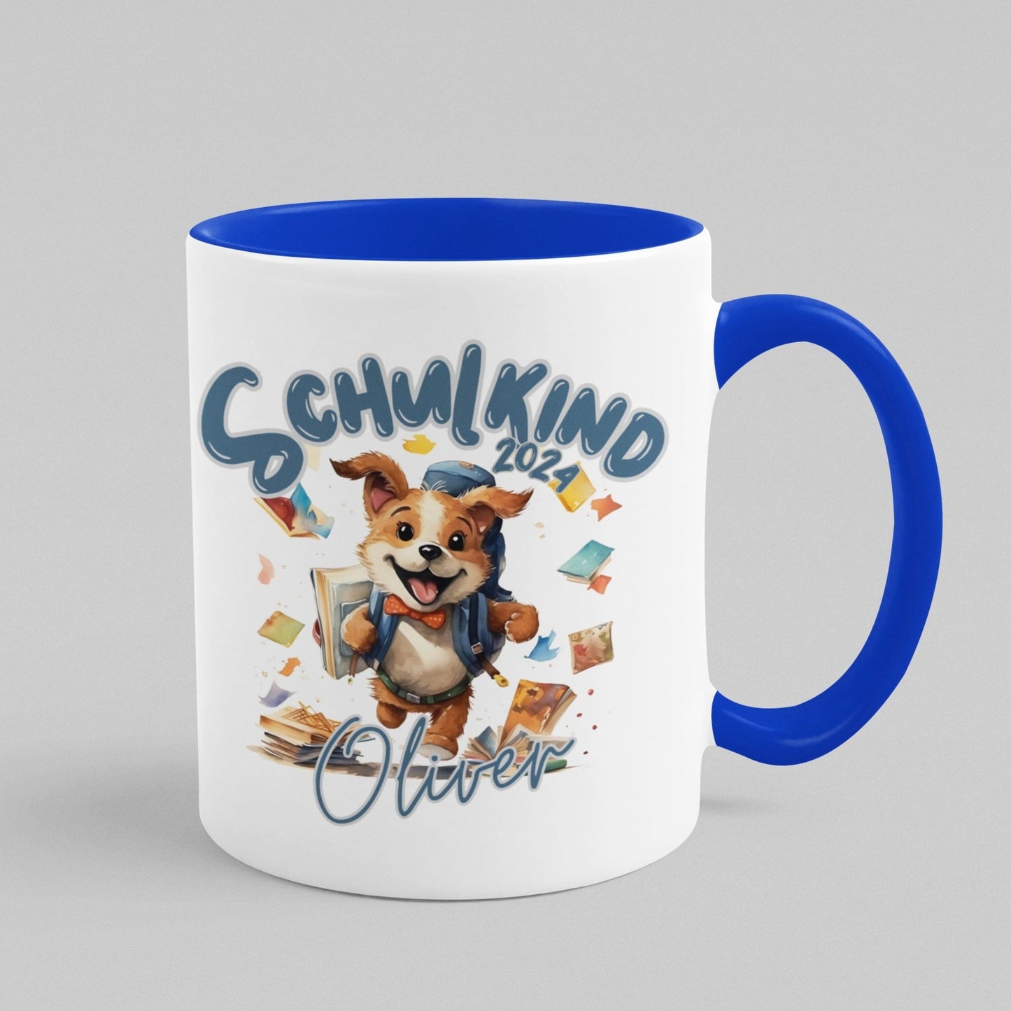 Geschenkidee zur Einschulung, Tasse für Kinder, personalisiert mit süßem Hundemotiv.