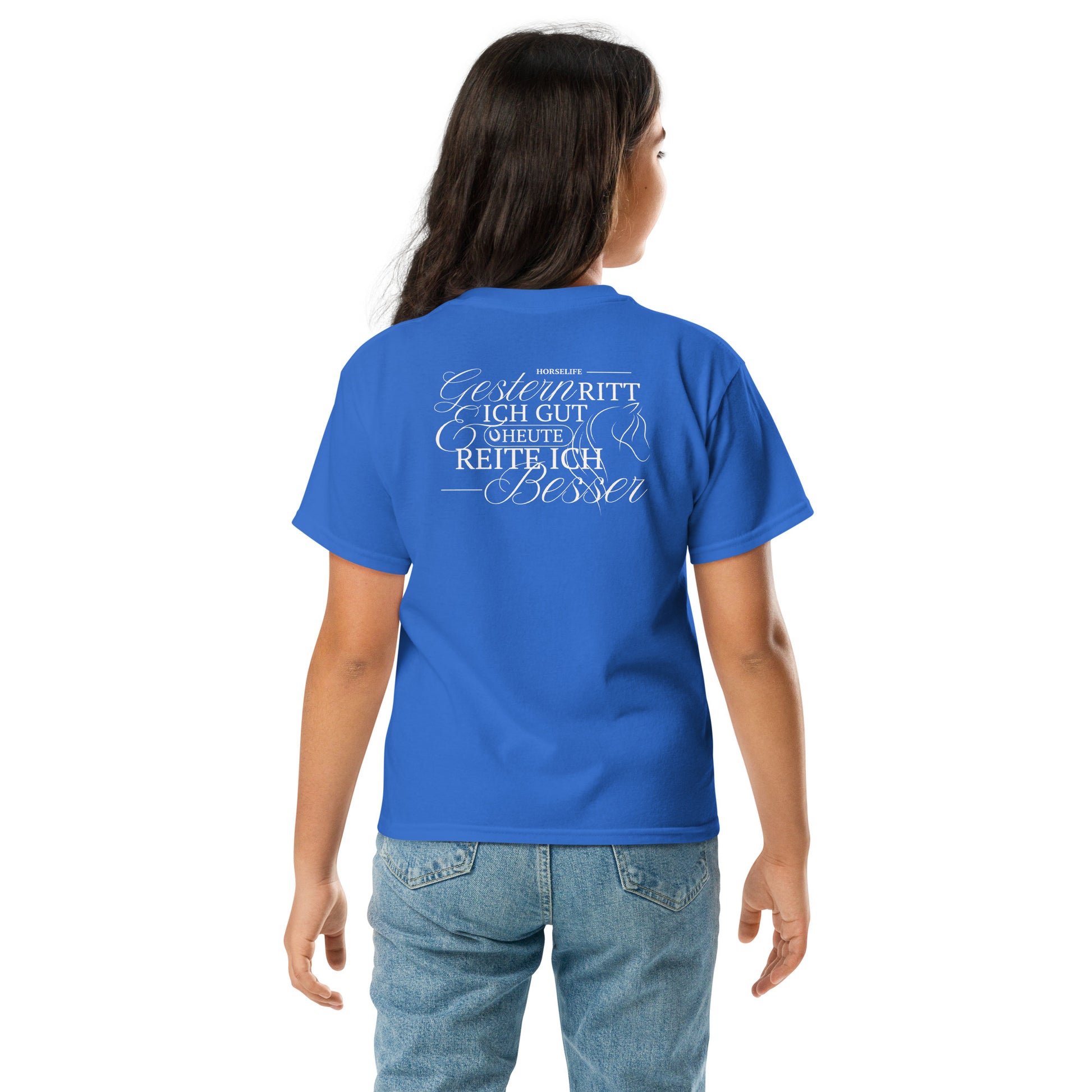 Teenager Shirt für Reiterinnen mit dem coolen Motiv auf dem Rücken "gestern ritt ich gut & heute reite ich besser" Shirt Farbe blau.