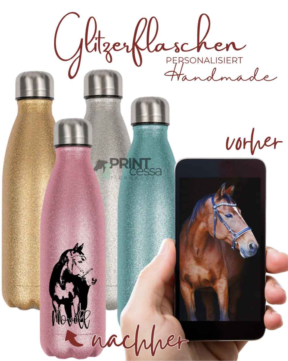 Glitzer Trinkflasche personalisiert nach Bildvorlage "Pferde/Hunde"