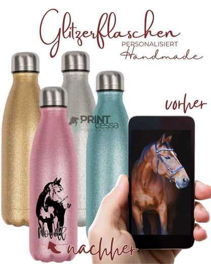 Glitzer Trinkflasche personalisiert nach Bildvorlage "Pferde/Hunde"