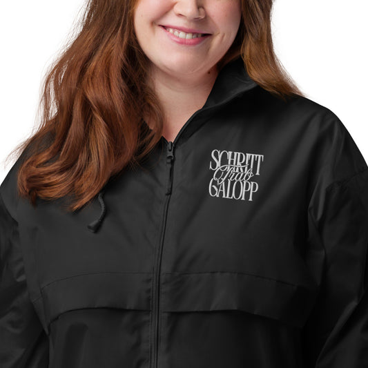 Windbreaker Jacke für Reiter und Reiterinnen. Pferdemotiv "Schritt, Trab, Galopp"  Schwarze Jacke mit weißem Stick Motiv vorne und hinten.