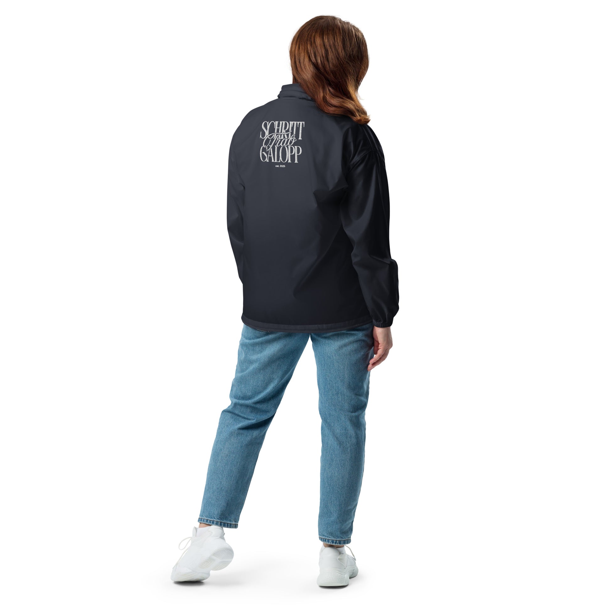 Windbreaker Jacke für Reiter und Reiterinnen. Pferdemotiv "Schritt, Trab, Galopp" 