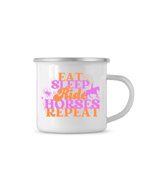 Emaille-Tasse "eat sleep ride horses repeat" robuste Pferdetasse