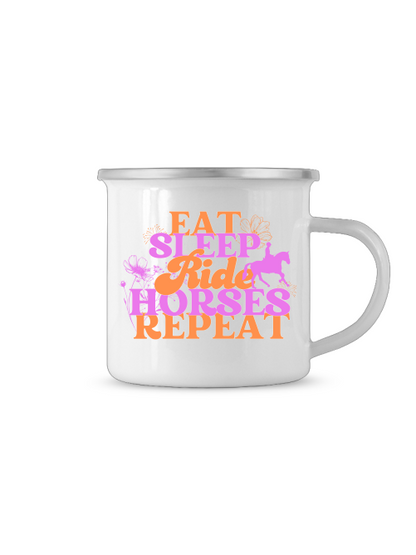 Emaille-Tasse "eat sleep ride horses repeat" robuste Pferdetasse