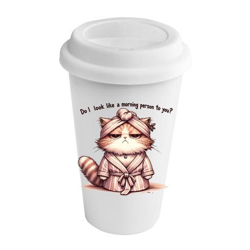 Praktischer Porzelanbecher ToGo- für Morgenmuffel mit dem niedlichen Motiv einer Grumpy Cat und dem SPruch Do I look like a morning person to you?