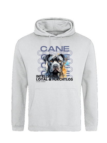 Produktbild Hoodie mit Aquarell Motiv "Cane Corso" Das Motiv hebt alle tollen Eigenschaften dieser HUnderasse hervor. Inelligen, Loyal, Furchtlos. Der Hoodie ist in weiss