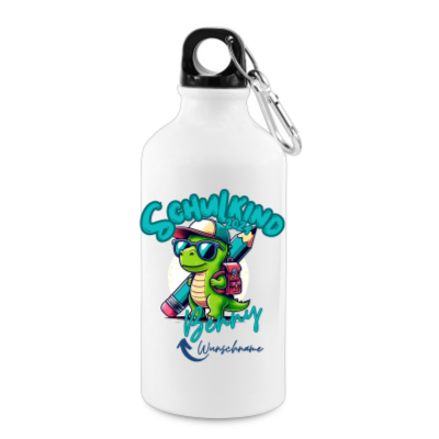 Geschenkidee zur Einschulung, personalisierte Trinkflasche mit coolem Dinosaurier Motiv.