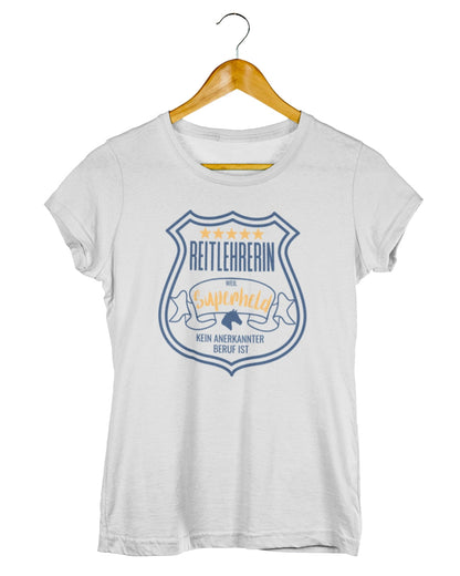 Damenshirt für reitlehrerinnen, Spruch "Reitlehrerin, weil Superheld kein anerkannter Beruf ist." Shirtfarbe Hellgrau Meliert