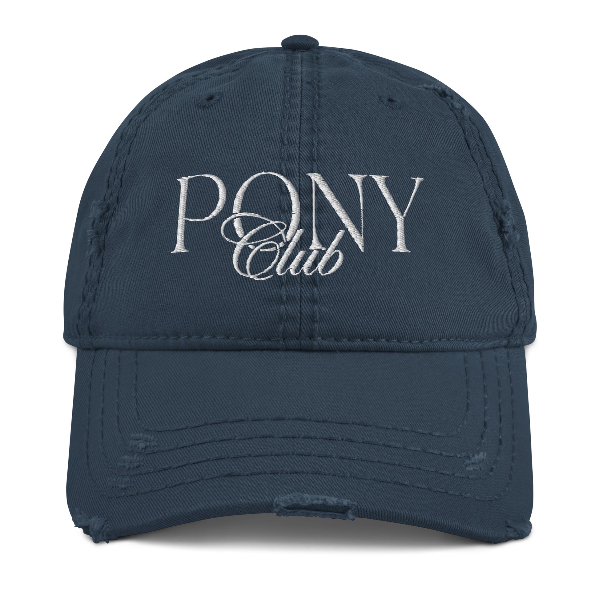 Stickmotiv "Pony Club" in modernem Schriftzug auf used-look Cappy in 3 verschiedenen Farben vorrätig. Farbe navy blue