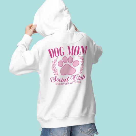 Unisex Hoodie „Rückenansicht eines Hoodies mit großem Aufdruck 'Dog Mom Social Club' – perfekter Pullover für Hundemamas“